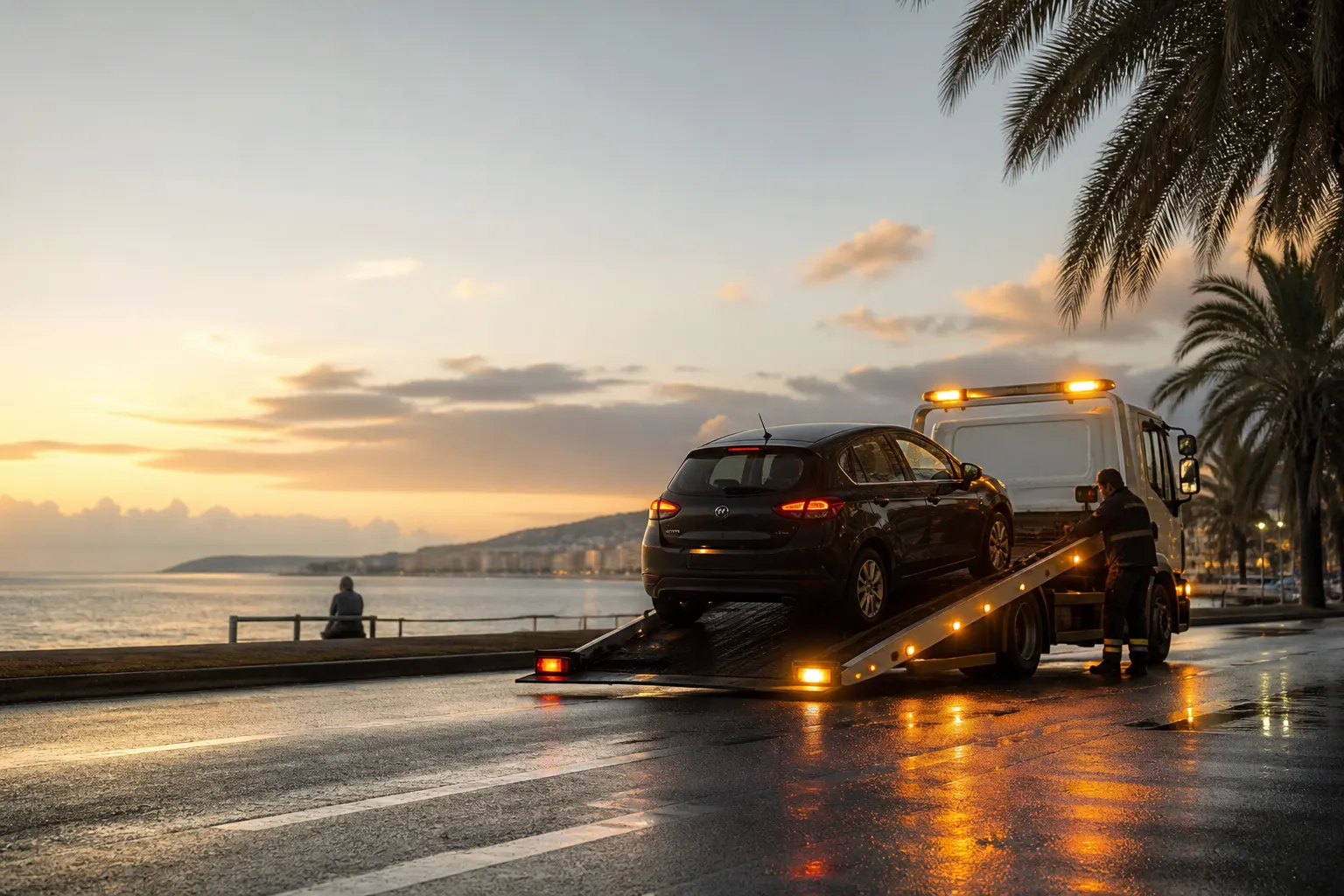 Remorquage Nice au coucher du soleil — plateau chargeant une voiture sur le littoral